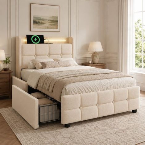 Lit rembourré avec port de charge USB et éclairage LED dans la tête de lit, doté de deux tiroirs de rangement lit une place (90 x 200 cm), inclut le cadre de lit et le sommier à lattes en bois beige (1/5)