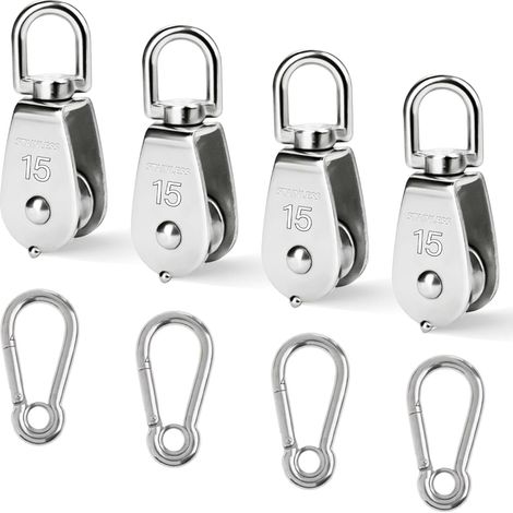 4 Pieces M15 Lifting Pulley Idler Pulley Single Pulley Stainless Steel 304 Swivel Pulley with 4 M4 Carabiner Pulley for Cable, Load 35 kg (Silver) (1/5)