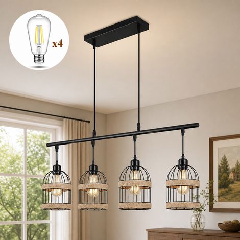 HEMVOR Suspension 4 lumières E27 en rotin et fer, design rustique industriel, hauteur ajustable, éclairage blanc chaud, marron (1/5)