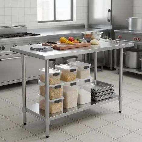Tavolo da lavoro in acciaio inox 430, banco da lavoro professionale per impieghi gravosi, scrivania per catering facile da pulire