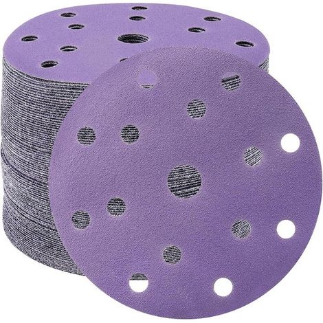 Discos de lijado de 150 mm, papel de lija de grano 100, 50 unidades, discos de lijado de 15 agujeros para lijadora orbital (morado) (1/2)