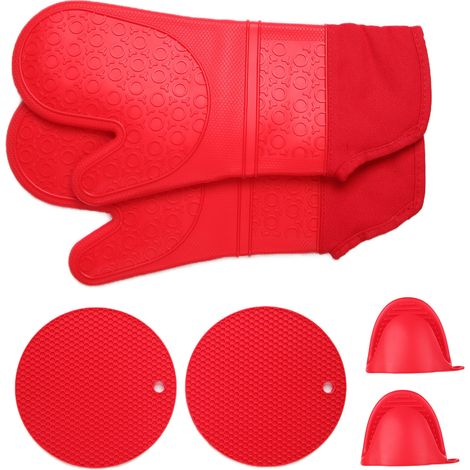 Gants isolants en silicone épais, anti-brûlures, pour barbecue, four à micro-ondes et cuisine (rouge). (1/5)