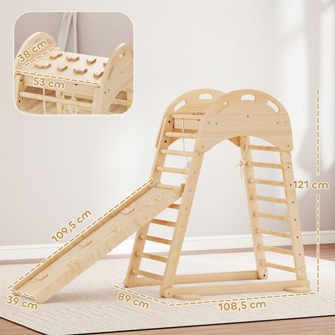 en 1 Triángulo de Escalada Montessori con Plataforma y Anillos Estructura de Escalada de Madera con Tobogán Natural