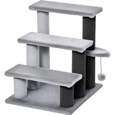 Escalier pour chat, escalier pour animaux de compagnie à 3 marches avec griffoir, balle, escalier pour chien, escalier pour chat, jute peluche grise, 45 x 40 x 48 cm (1/5)