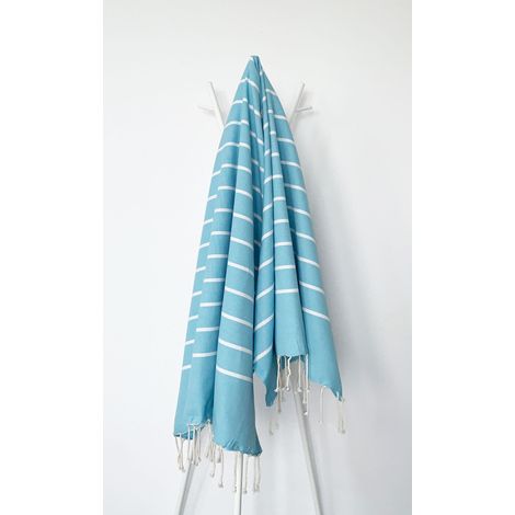 Fouta 100x200 Turquoise Rayures Blanches - 100% coton - franges