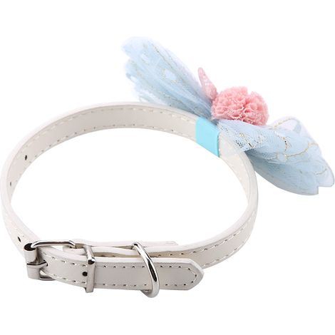 Collier ajustable pour chat ou chien, avec nœud papillon en dentelle et clochettes, bleu, taille M (1/5)
