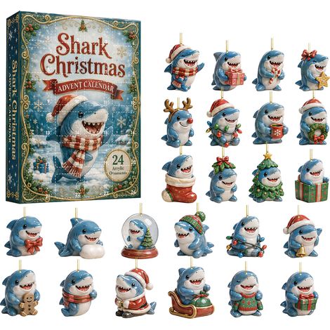 Weihnachts-Adventskalender mit Haien – 24 flache 2D-Acryl-Anhänger – Weihnachtsfiguren-Ornamente – Countdown-Kalender für den Weihnachtsbaum – originelles Geschenk für die Feiertage (1/5)