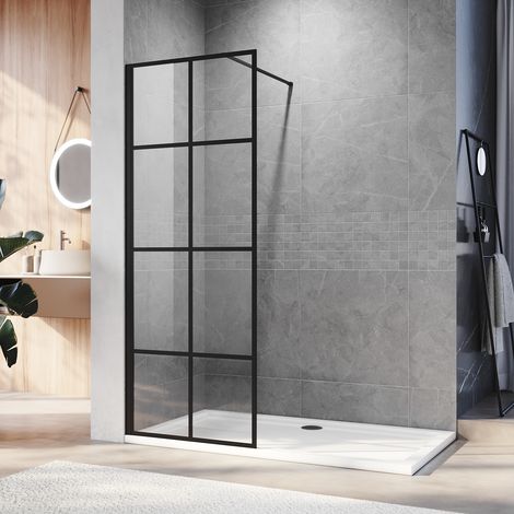 ELEGANT 760mm Shower Screen Matte Black Walkin Shower Enclosure Cubicle, Black Grid Painted, 8mm Tempered Toughened Glass with 900x1500mm SMC Tray and Waste Trap (1/5)