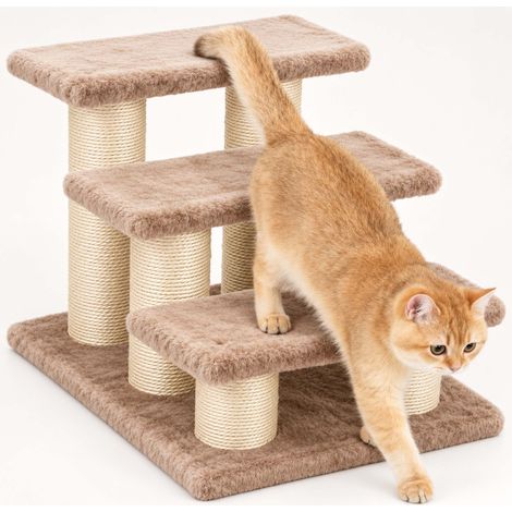 Relaxdays Scala per gatti, 3 gradini, HLP: ca. 34x45x35 cm, colonne in sisal, 50 kg, aiuto letto/divano, peluche, crema (1/5)