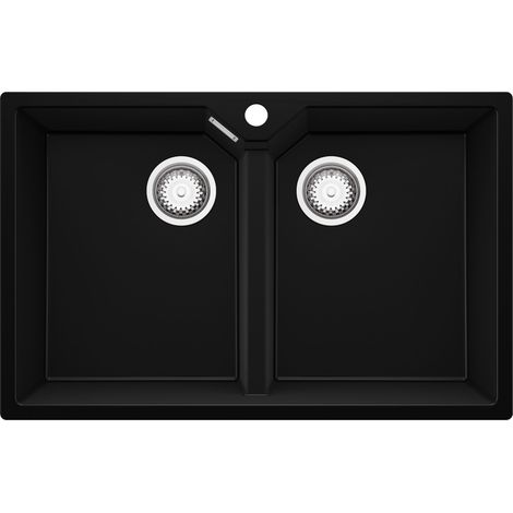 PRIMAGRAN Evier Cuisine en Granit 78x50cm, Lavabo 2 bacs + Kit de Vidage, Évier à Encastrer au meuble 80cm - Madrid Twin, Noir