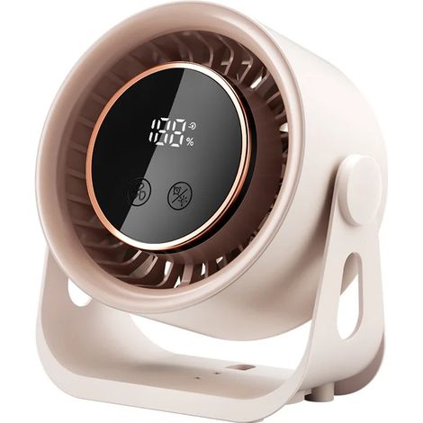 (Beige) Mini ventilateur de bureau avec affichage LED, veilleuse et minuterie rotation à 360° fonctionnement silencieux. (1/5)