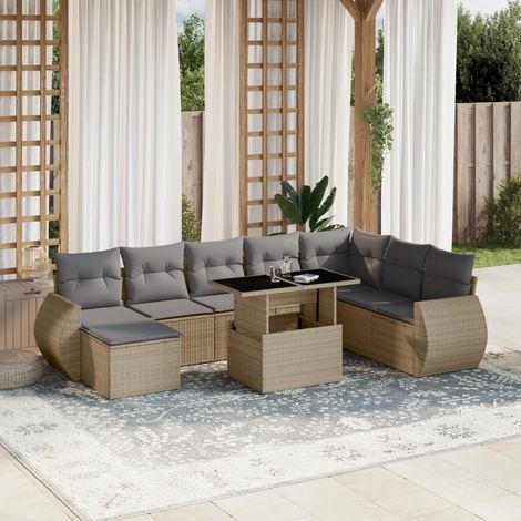 Ensemble de jardin 9 places en résine tressée beige avec coussins gris - Table extensible verre trempé - Mobilier d'extérieur modulaire (1/5)