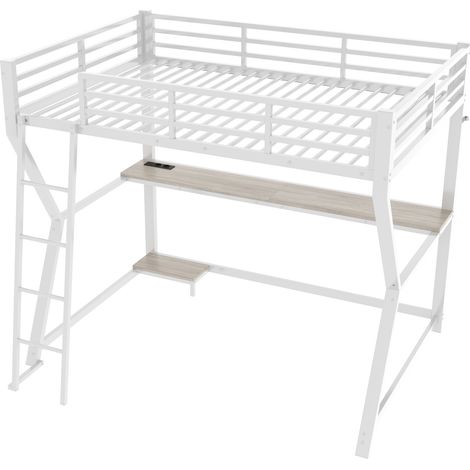 Lit mezzanine 90 x 200 cm avec bureau LED prise USB échelle et garde-corps blanc (1/5)