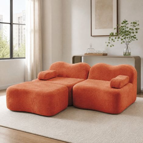 Sofá modular esquinero en L de 2 plazas con 1 puf en terciopelo naranja (1/5)