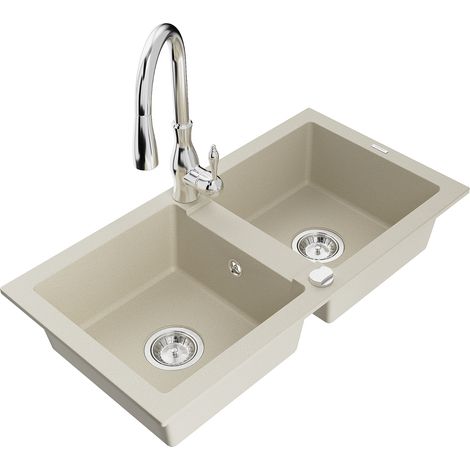 Mexen Mario lavello in granito a 2 vasche con miscelatore da cucina Savita, beige - 6504-69-672601-00 (1/5)