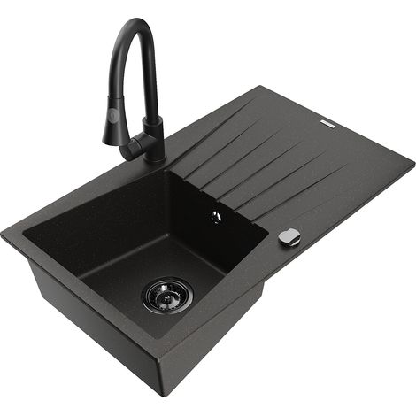 Mexen Cesar fregadero de granito de 1 cubeta con escurridor y grifo de cocina Elia, negro/dorado met谩lico - 6514-75-670101-70-B (1/5)