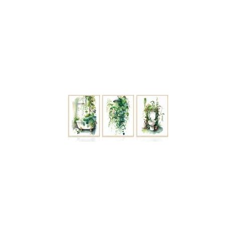 Ensemble de 3 Posters Décoratifs pour Salle de Bain à Motif de Feuilles Tropicales Vert Sauge, Imprimés pour la Décoration de Salle de Bain ou Buanderie 30x40 cm Sans Cadre (1/5)