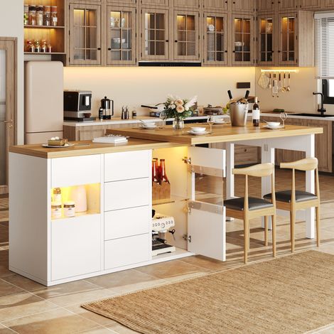 Îlot de cuisine rotatif 360° 120-197x40x73,8 cm avec LED RGB via app, portes vitrées, 4 grands tiroirs et étagères réglables, MDF et métal, Blanc (1/5)