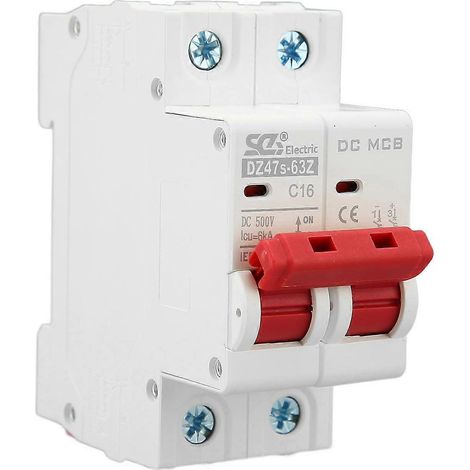 Leitungsschutzschalter 2-polig, 500 V DC, MCB 16 A, DIN-Schienenmontage, Schutzschalter mit 6000 A Schaltleistung
