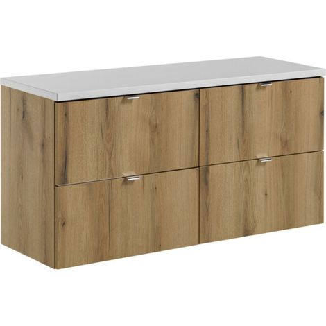 Set da bagno sospeso VANO in rovere e bianco 120cm: mobile sottolavabo con cassetti + piano per lavabo