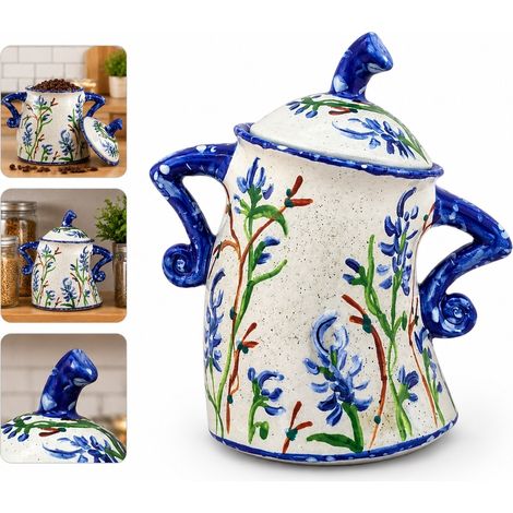 Pot de rangement décoratif en céramique pour cuisine, avec couvercle, pour café, épices et biscuits, 1 pièce Motif peint à la main : Un design floral (1/5)