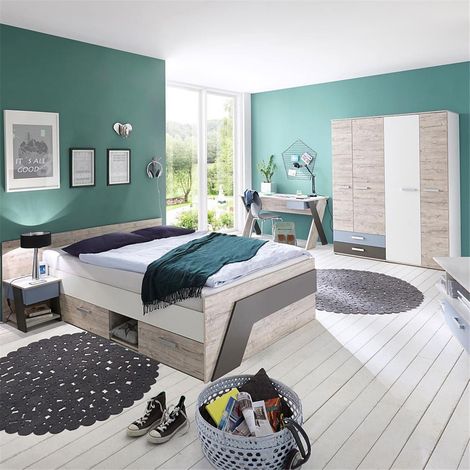 Jugendzimmer Set mit Bett 140x200 cm und Schreibtisch 4-teilig LEEDS-10 in Sandeiche Nb. mit weiß, Lava und Denim Blau (1/2)