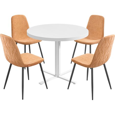1 Table Ronde avec 4 Chaises de Salle à Manger, Ensemble de Salle à Manger, Support en Acier, Montage Facile, Blanc Neige et Marron Caramel (1/5)