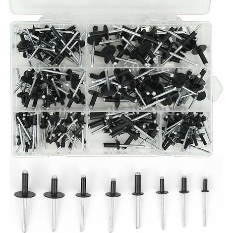 200 rivets aveugles en aluminium, 3,2 x 8 mm, 3,2 x 10 mm, 4 x 10 mm, 4 x 14 mm, 4,8 x 14 mm, 4,8 x 18 mm, assortiment de 8 rivets pop noirs. (1/5)