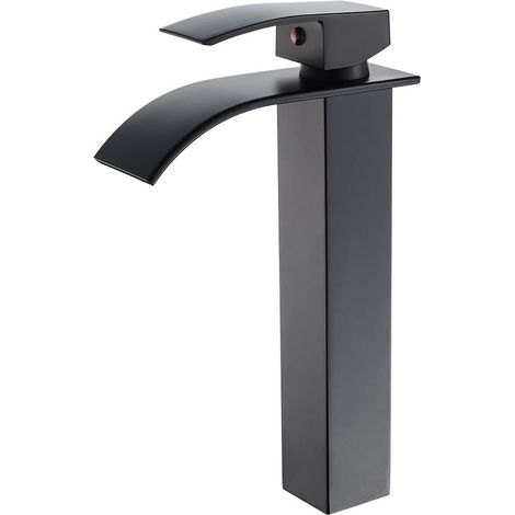 Robinet de lavabo moderne noir mat à jet cascade haut, poignée unique, cuvette à 1 trou, robinet de toilette/coiffeuse, lavabo de camping-car, robinet de salle de bain de camping-car/ferme.