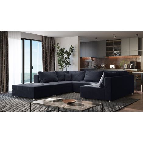 Wohnlandschaft Sofa ANDRO Schlaffunktion und Hocker Stoff Fresh Schwarz (1/5)