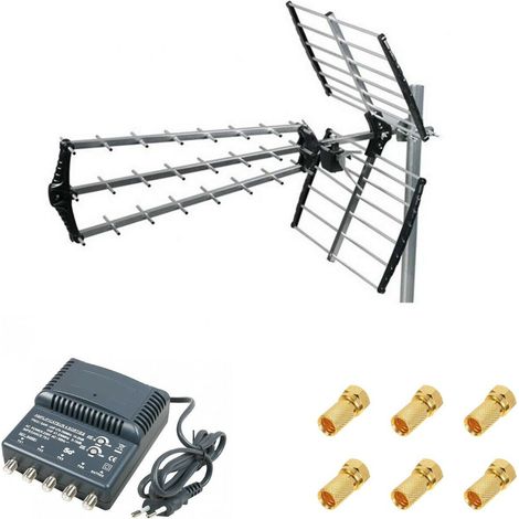 Kit Antenne TNT Trinappe Gain 18dB + Amplificateur TNT 4 Sorties + 6 Fiches F (1/5)