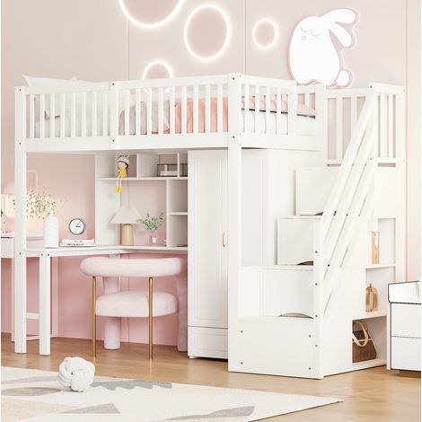 Hochbett 90x200 cm Weiß Massivholz mit Schrank, Tisch, Regal und Stauraumtreppe (1/5)