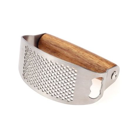 Presse-ail rond - Presse-ail - Ustensiles de cuisine - Accessoires de cuisine - Manche en bois - Presse-ail en acier inoxydable argenté (1/5)