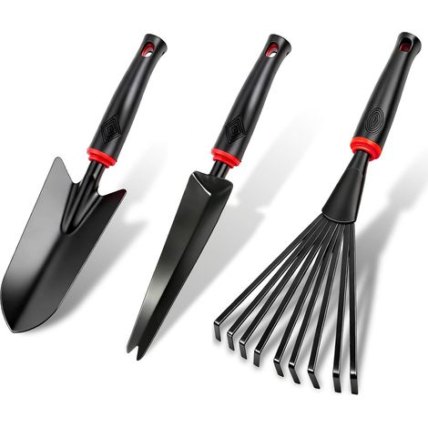 Lot de 3 pelles de jardin - Truelle étroite - 9 dents - Râteau à main - Petit outil de jardinage - Pour plantes, transplantation, désherbage (1/5)
