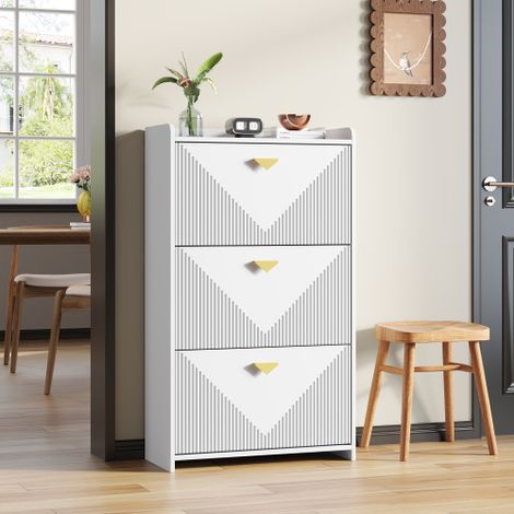 Meuble à chaussures (avec 3 portes abattantes) Meuble à chaussures d'entrée (avec 6 compartiments) Meuble d'appoint Meuble de rangement pour salon Matériau : MDF Blanc Finition thermoformée Lar (1/5)