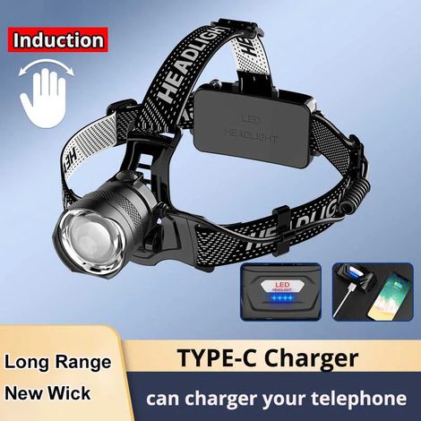 Lampe frontale LED laser blanche pour la pêche (avec batterie) XHP90 avec capteur et batterie 18650 rechargeable par USB. (1/5)