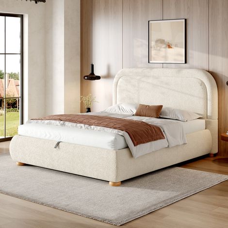 Lit coffre 140x190 cm - Lit double - Avec tête de lit rembourrée - Avec sommier à lattes - En bouclette - Beige (1/5)