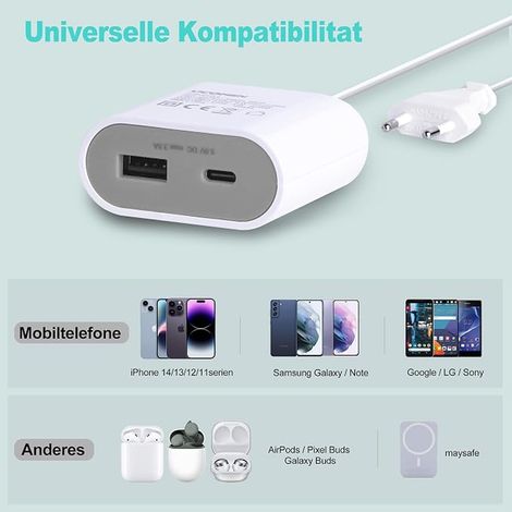 USB C Charger with 1.5m Extension Cable, 17.5W USB Power Supply, Ideal for Bedside Table, Office, Kitchen or Travel, Grey (1/4)