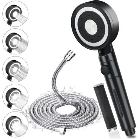 Pommeau de Douche Haute Pression, Pommeau de Douche avec Tuyau 1.5m en Acier Inoxydable 304, Pommeau Douche Économie d'Eau Anti Calcaire, Douchette Douche Filtrant avec 5 Modes de Jet, Chrome, Noir (1/5)