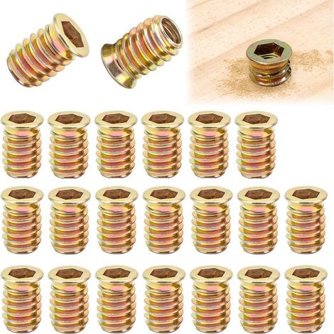 20 Pcs Insert Fileté Bois M8x13mm Écrous à Visser Insert Bois M8 Manchons à Visser M8 Galvanisés pour Panneaux de Fibres,Contreplaqué et Meubles en Bois,Inserts Hexagonaux pour Meubles en Bois (1/4)
