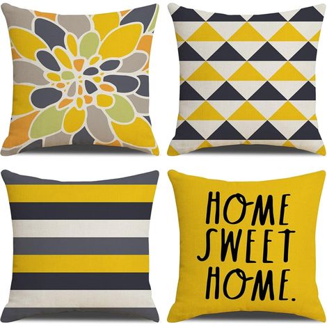 JSSEVN - Set of 4 Cushion Covers 45 x 45 cm, Yellow Linen Cushion Cover, Floral Cushion Cover for Living Room, Bedroom, Office (1/5)