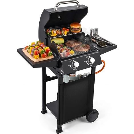 Gasgrill 2-Brenner Flachgrill, 16.000 BTU, 4in1 Elektro-Grillwagen als Stand- oder Tischgrill, Edelstahl-Brenner, Transporträdern, Haube – wetterfest