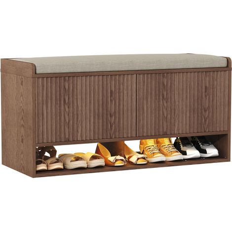 Shoe Storage Bench, Entryway Bench with Linen Seat Cushion, Shoe Cabinet Bench with Adjustable Shelf and Built-in LED Sensor Light (1/5)