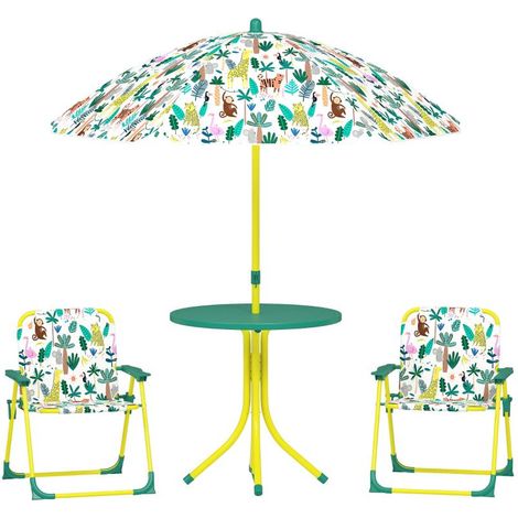 Ensemble de salon de jardin pour enfants, ensemble 4 pièces avec parasol amovible, table enfant et 2 chaises pliantes, vert