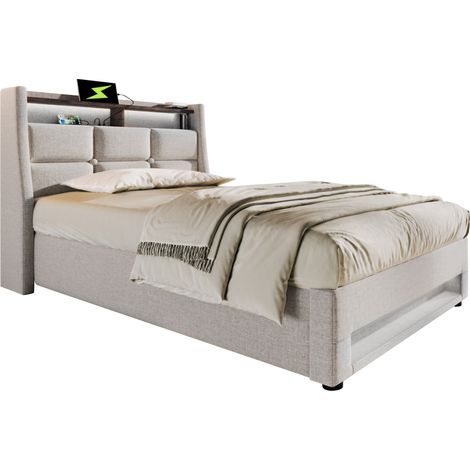 Lit coffre 90x200 cm avec USB et LED, lit rembourré beige clair, cadre en métal, sommier à lattes, rangement sous le lit, sans matelas, style vintage- FLORAGRACE (1/5)
