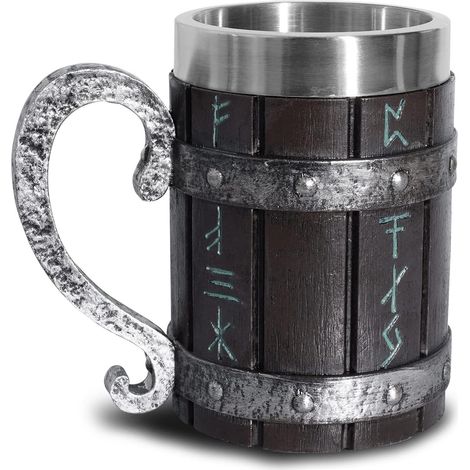 Tasse Viking - 1 Unité - Polyresine Et Acier Inoxydable - Motif Runes Nordiques - Pour Bière Et Café - 550 Ml (1/5)