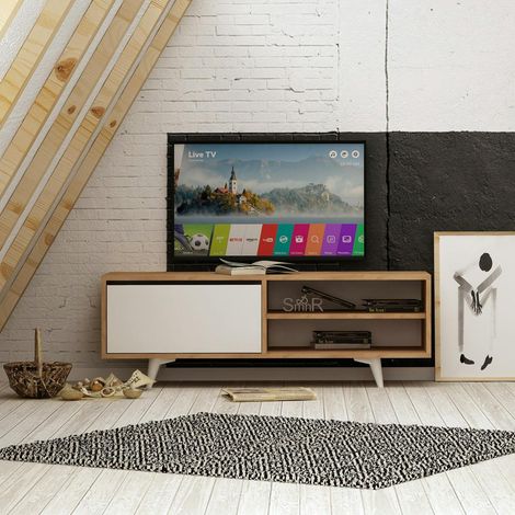 Meuble TV moderne décor bois et blanc 2 niches UMEA (1/4)