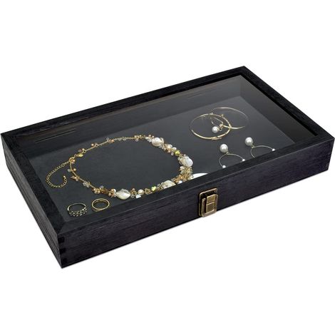 Présentoir à bijoux en bois avec boîte de rangement en verre trempé avec fermoir en métal, plateau à bijoux en bois pour objets de collection, présentoir à couteaux de poche, noir (1/5)