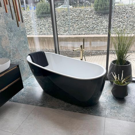 ECOLAM Baignoire îlot noire Comfort 174x75 cm  Baignoire moderne sur pieds  acrylique de qualité supérieure blanc et noir  Ensemble complet avec bonde design click-clack (1/5)