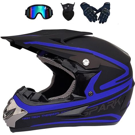 Set casco Cross/Enduro/ATV AHP-High, NUODWELL, 4 pezzi, con occhiali antivento, guanti e maschera, taglia L, certificazione di sicurezza DOT, design aerodinamico, robusto e resistente agli urti, blu (1/5)